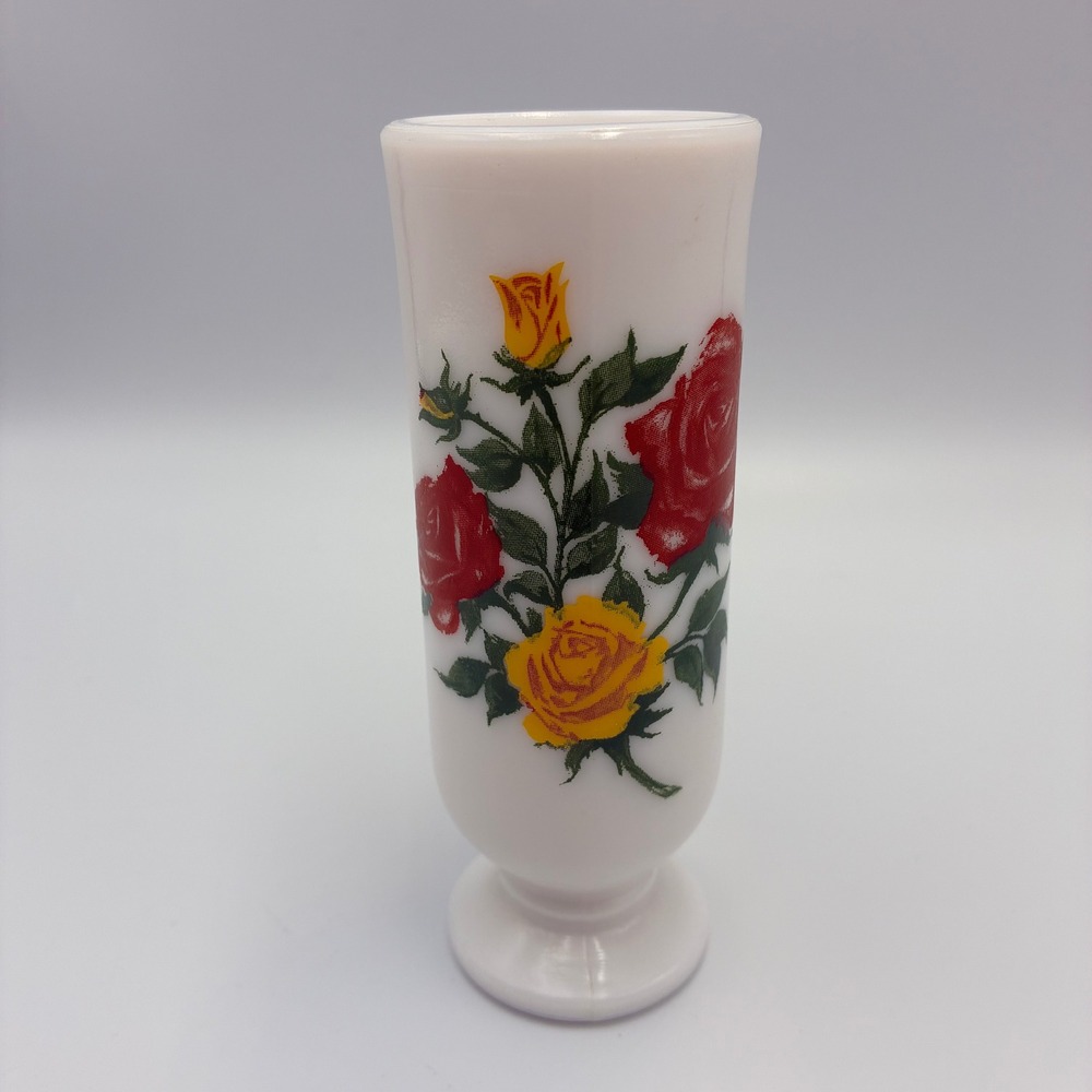 Vintage Milk Glass Rose Bud Vase Footed Handled White Red Yellow Floral 5 Inch